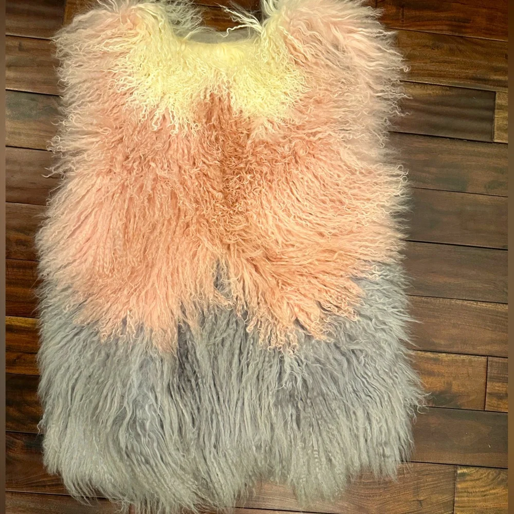 Gilberti Fur company Real Lamb Shaggy Wool Pink Gray and White Vest - Picture 2 of 8